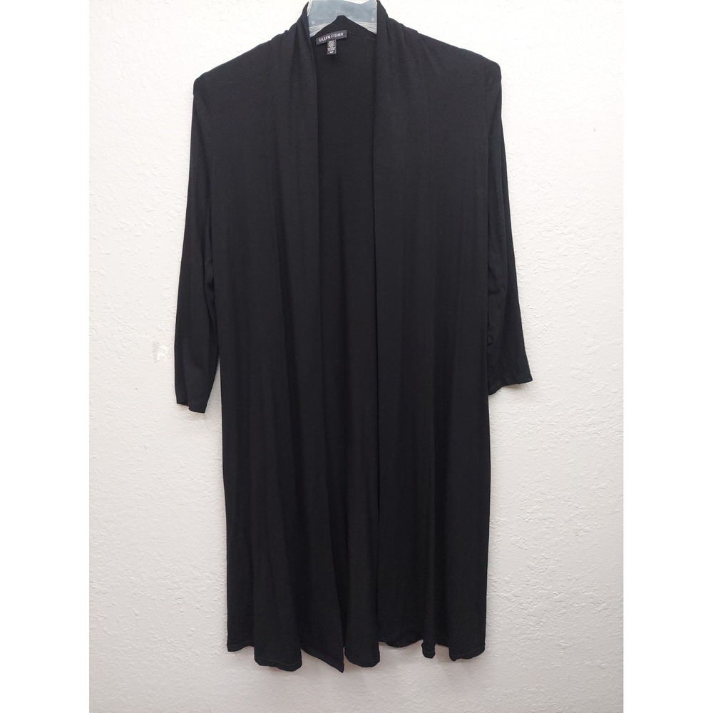 Eileen Fisher Cardigan Duster Womens Small Black Maxi Open Front Stretch Viscose